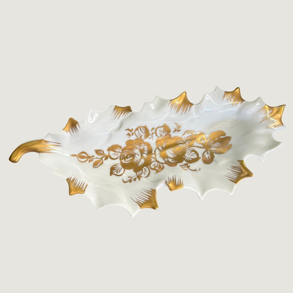 Vintage Limoges France Porcelain Leaf Dish Gold Floral Pate de Limoges Couleuvre